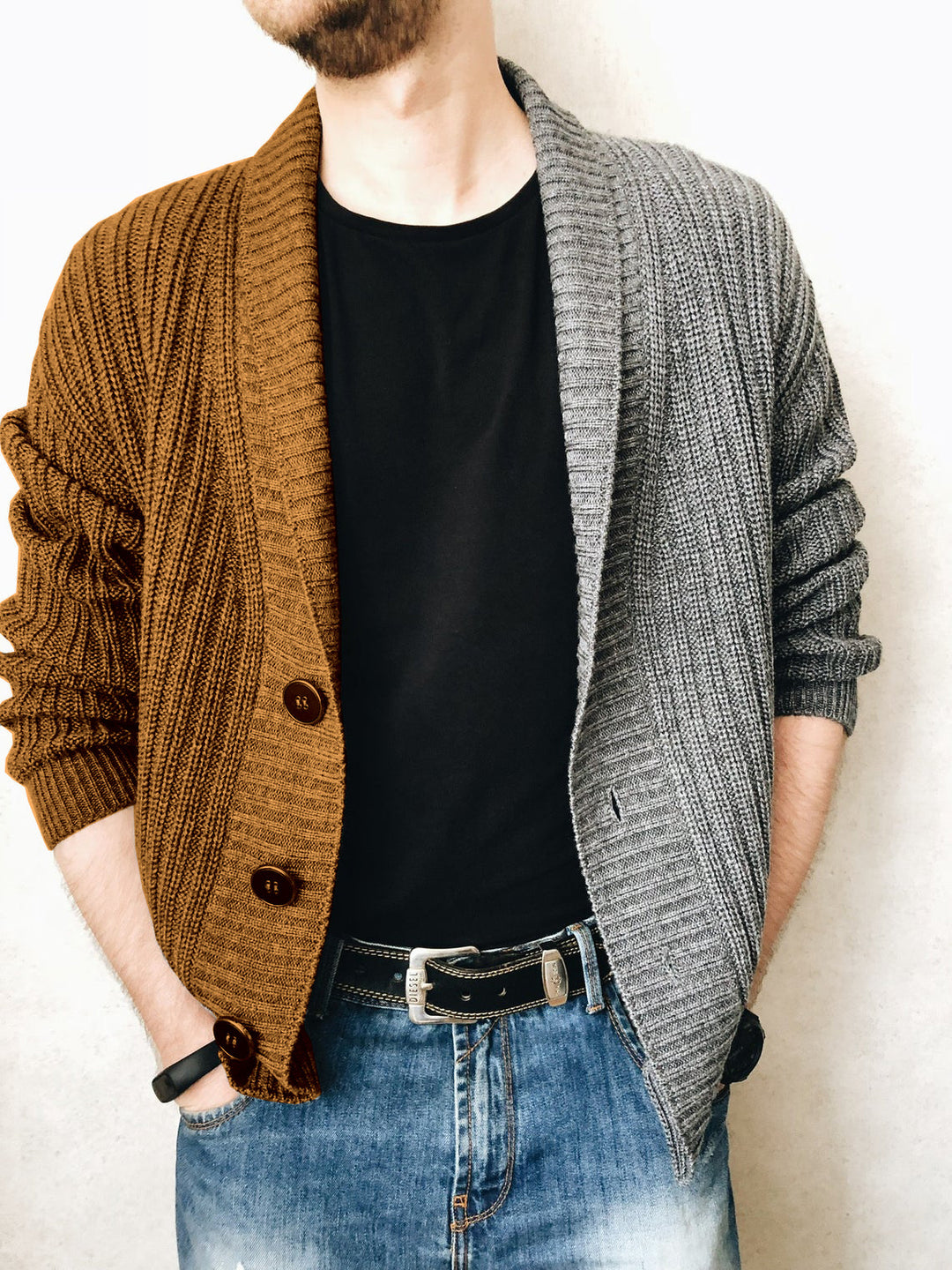 Herren Grobstrick-Cardigan mit Schalkragen, Rippstruktur und markanten Knöpfen Shop Nory