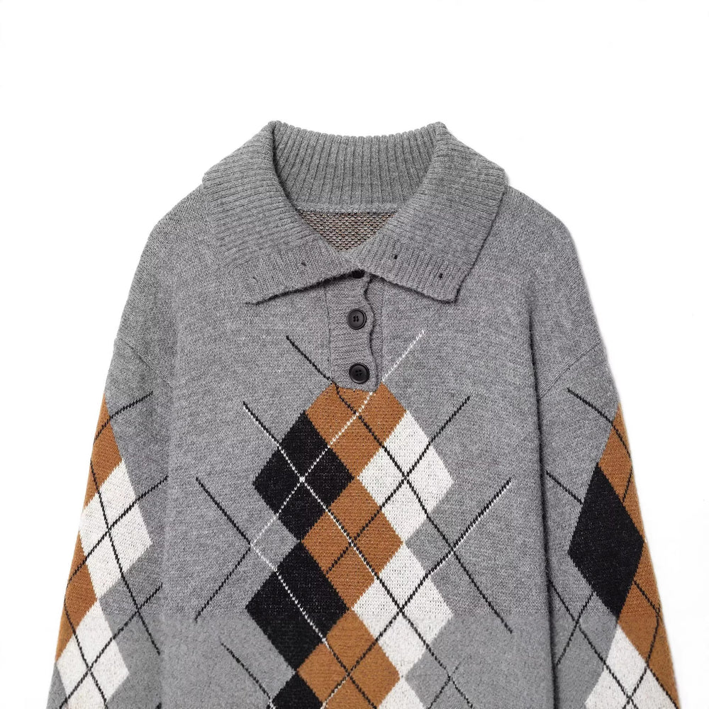 Damen Oversized Pullover mit Rautenmuster und Polokragen mit Knopfleiste Shop Nory