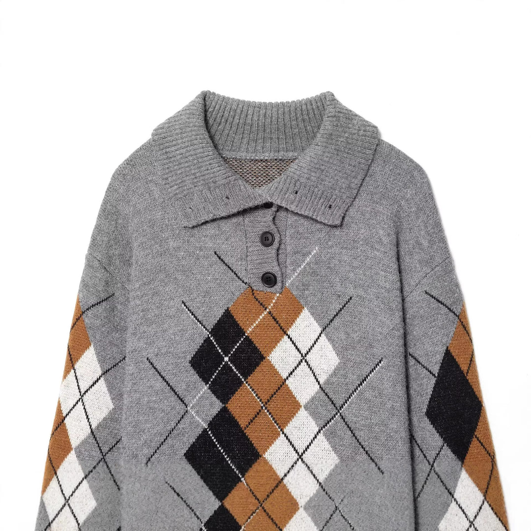 Damen Oversized Pullover mit Rautenmuster und Polokragen mit Knopfleiste Shop Nory