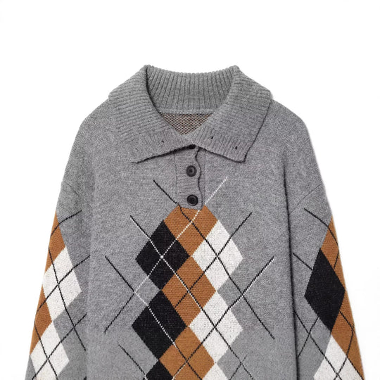 Damen Oversized Pullover mit Rautenmuster und Polokragen mit Knopfleiste Shop Nory