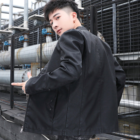 Herren schlanker Kunstleder‑Moto‑Blouson mit Stehkragen und Reißverschluss‑Taschen Shop Nory