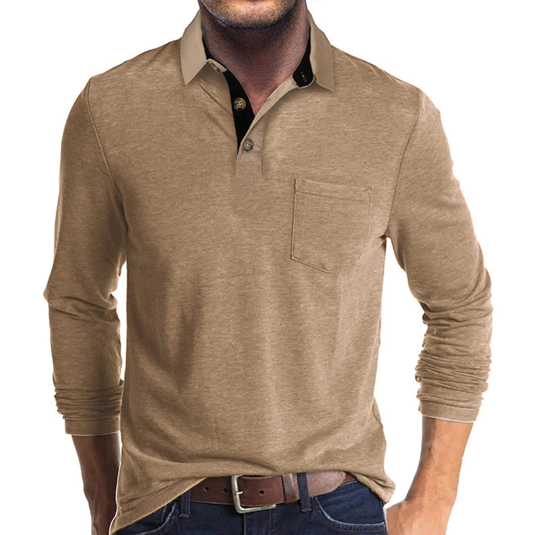 Herren langärmliges Polohemd mit Brusttasche, Kontrastknopfleiste und legerer Stretch-Passform Shop Nory