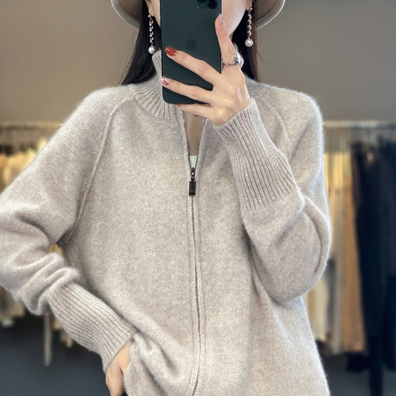 Damen Zip-Cardigan im Kaschmir‑Look mit Stehkragen und gerippten Bündchen Shop Nory