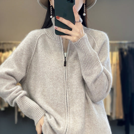 Damen Zip-Cardigan im Kaschmir‑Look mit Stehkragen und gerippten Bündchen Shop Nory