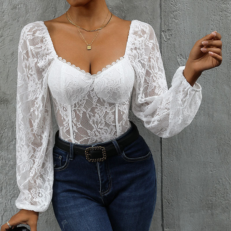 Damen Spitzen-Corsage mit Herzausschnitt, integrierten Cups und transparenten Puffärmeln Shop Nory