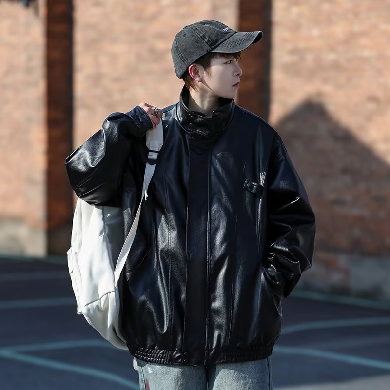 Herren Oversized Kunstlederjacke im Bomberstil mit Stehkragen und elastischem Saum Shop Nory
