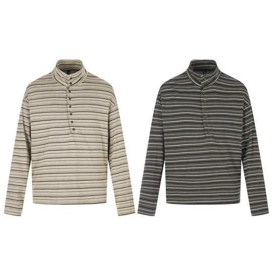 Herren Feines Streifen-Henley mit hohem Stehkragen, durchgehender Knopfleiste und kastigem Schnitt Shop Nory