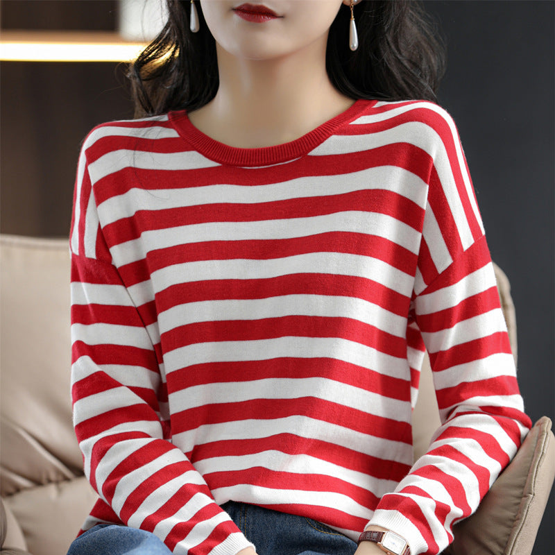 Damen Maritim-inspiriertes gestreiftes Feinstrick-Shirt mit weitem Boot-Ausschnitt und Kontrastkante Shop Nory