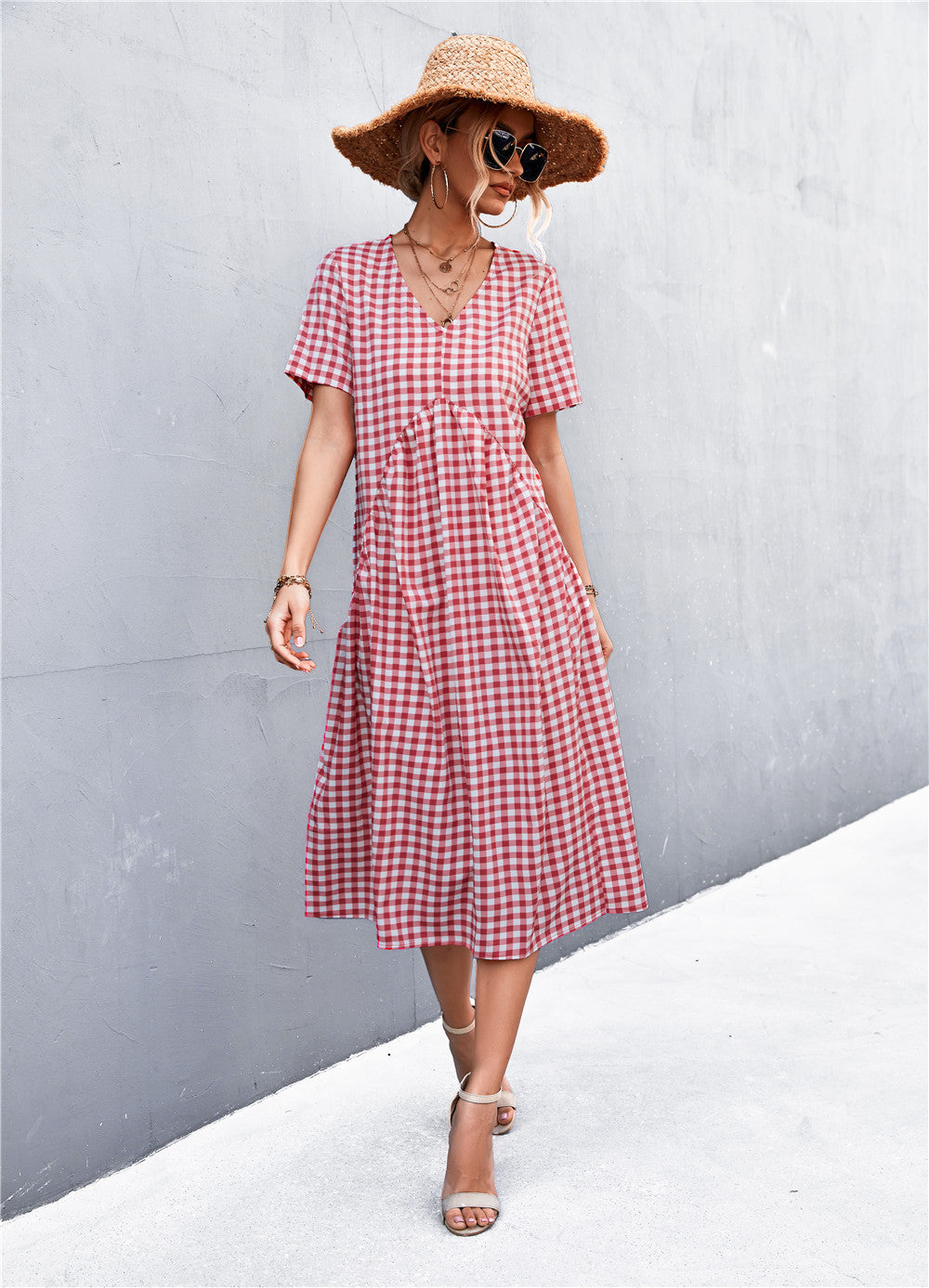 Damen V-Ausschnitt Midikleid mit kariertem Design und ausgestelltem Rock