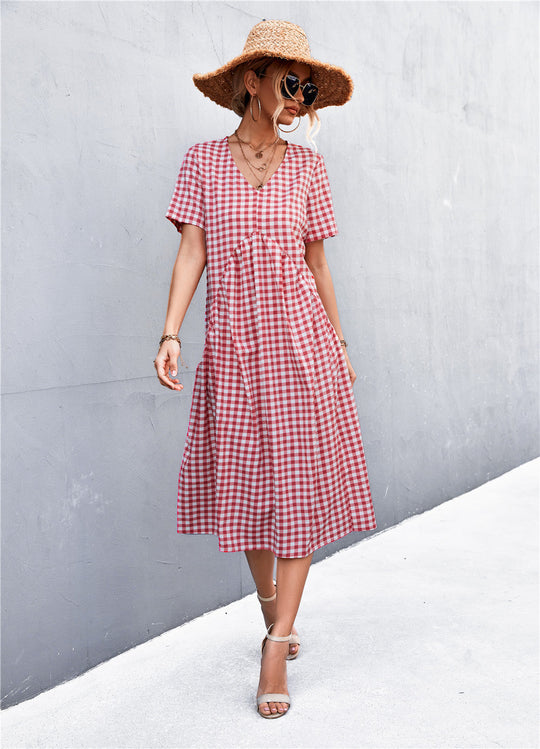 Damen V-Ausschnitt Midikleid mit kariertem Design und ausgestelltem Rock