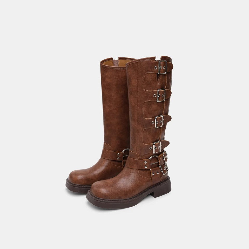 Damen Modische Stiefel mit verstellbaren Schnallen und robuster Sohle