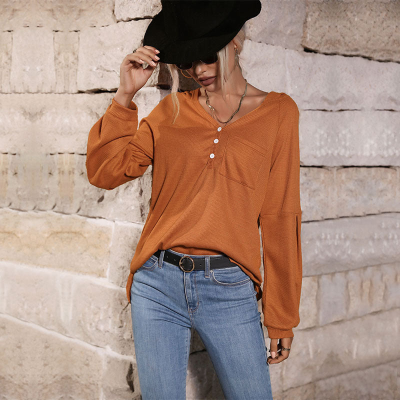 Damen Lässiges Langarmshirt mit Knopfleiste Shop Nory