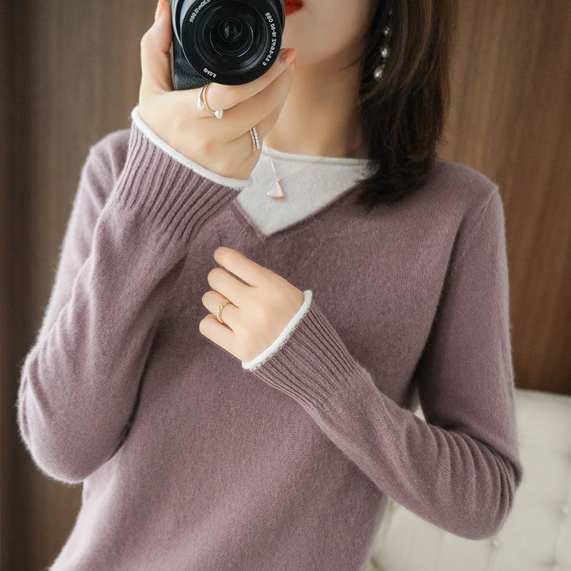 Damen Weicher V‑Ausschnitt-Pullover aus Kaschmir‑Look mit kontrastierter Kantenverzierung Shop Nory