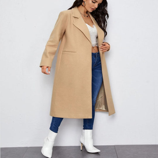 Damen Maxilanger Einreihiger Mantel im minimalistischen Tailoring mit verdeckter Knopfleiste und Eingrifftaschen Shop Nory