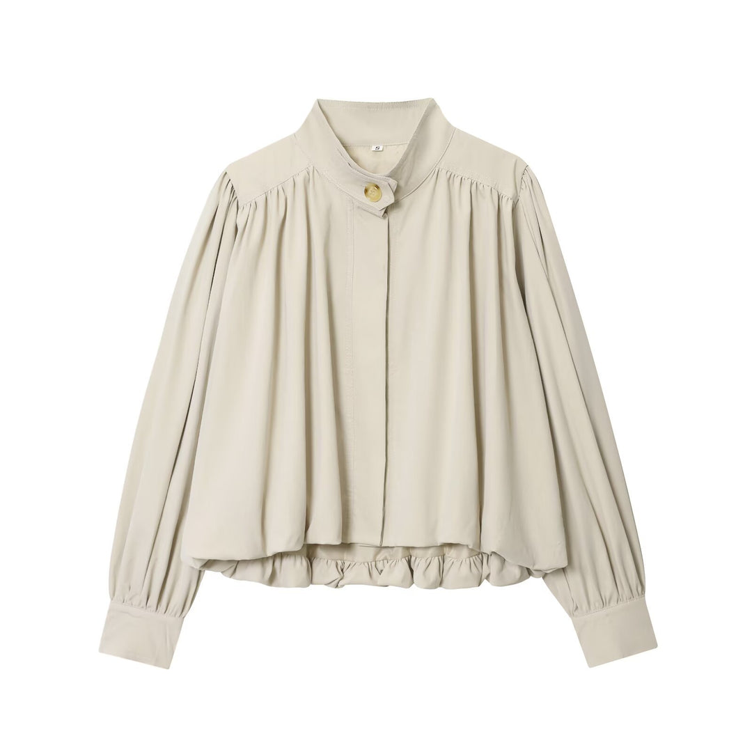 Damen Voluminöse Cropped-Bluse mit Stehkragen, Raffungen und elastischem Saum Shop Nory
