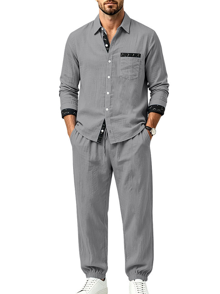 Herren Leichter Baumwoll-Loungewear-Zweiteiler mit Hemd und Kordel-Jogger Shop Nory