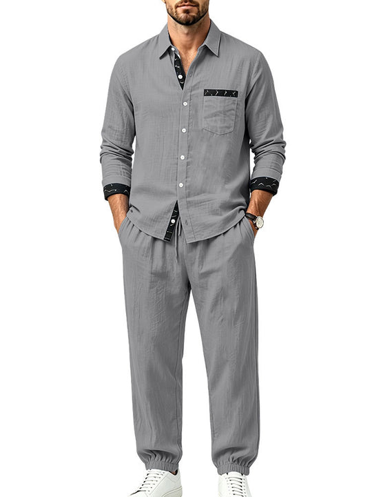 Herren Leichter Baumwoll-Loungewear-Zweiteiler mit Hemd und Kordel-Jogger Shop Nory