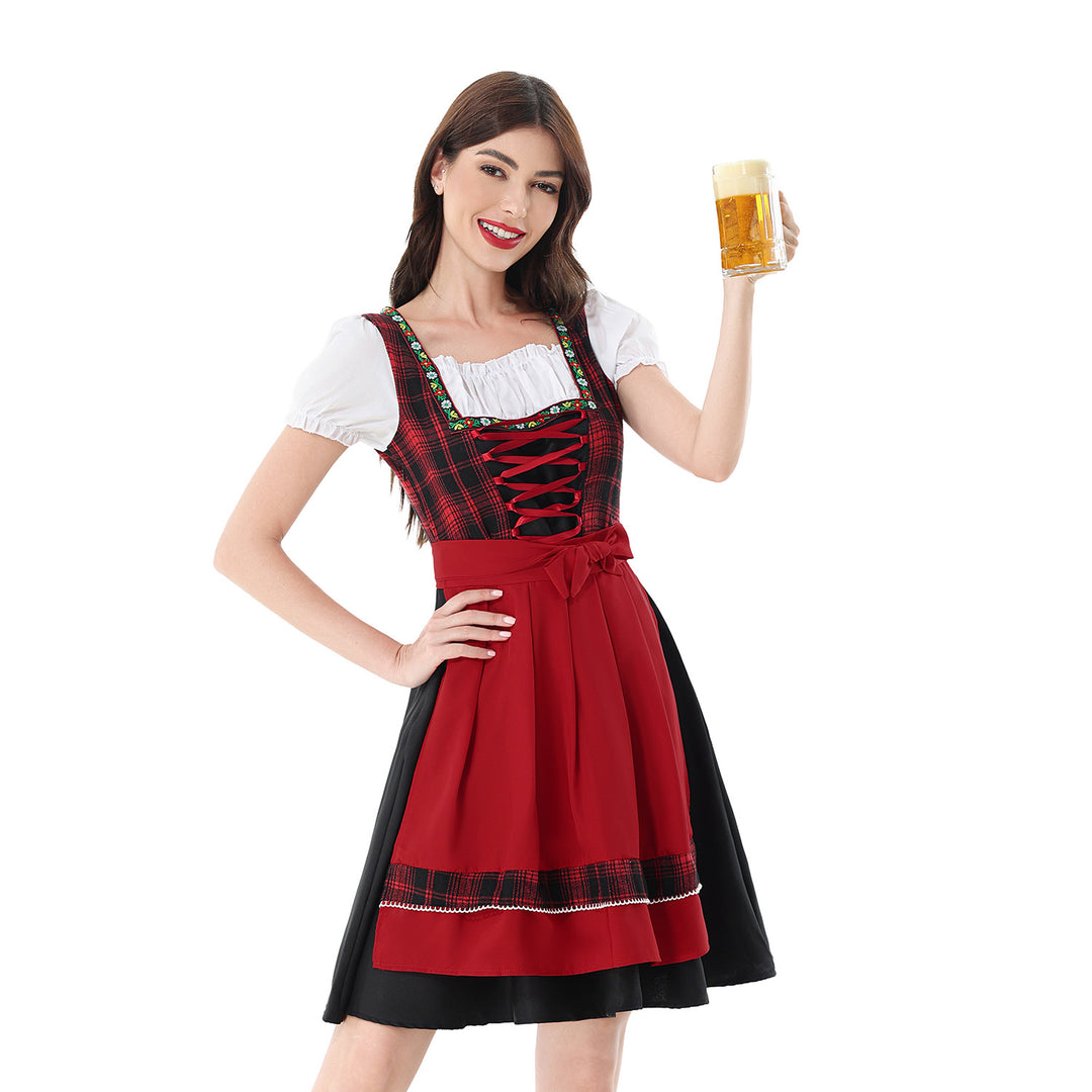 Damen nan traditionelles Dirndlkleid mit kariertem Mieder, Schnürung, Puffärmeln und Schürze Shop Nory