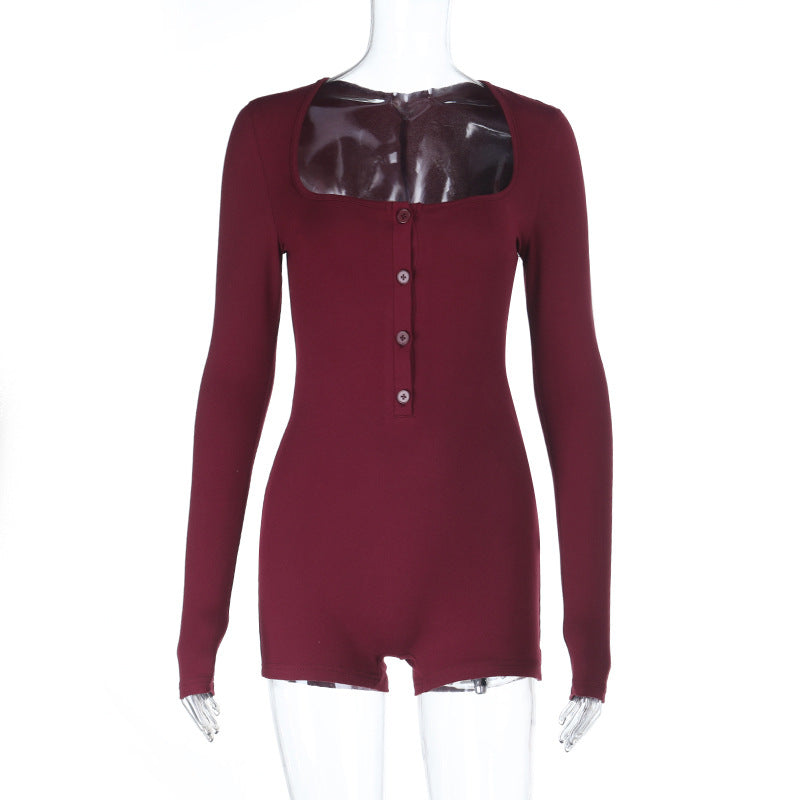 Damen enganliegender Langarm-Bodyoverall mit quadratischem Ausschnitt und Knopfleiste Shop Nory