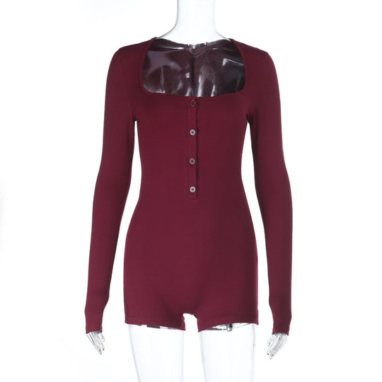 Damen enganliegender Langarm-Bodyoverall mit quadratischem Ausschnitt und Knopfleiste Shop Nory