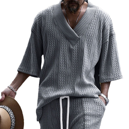 Damen Oversized Kurzarm-Strickpullover mit tiefem V‑Ausschnitt und Zopfmuster Shop Nory