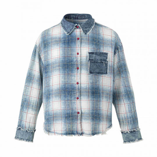Unisex Kariertes Overshirt im Used-Look mit Fransen, Jeanskragen und aufgesetzter Brusttasche Shop Nory
