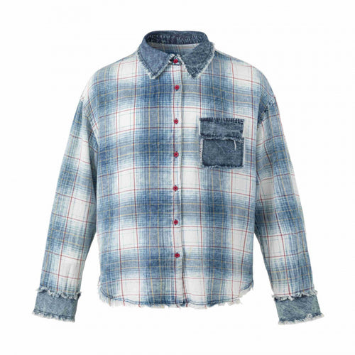 Unisex Kariertes Overshirt im Used-Look mit Fransen, Jeanskragen und aufgesetzter Brusttasche Shop Nory