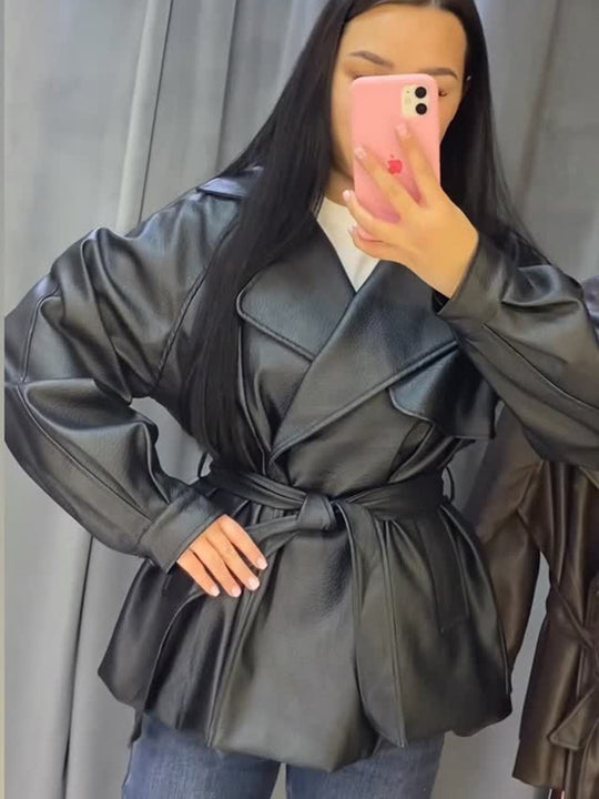 Damen Kurze Kunstleder-Wickeljacke mit Taillengürtel und übergroßem Revers Shop Nory