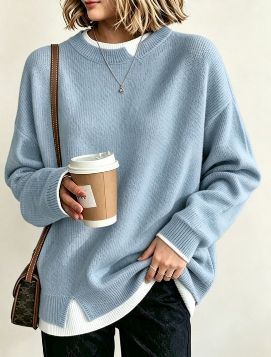 Damen Oversize Rundhals-Feinstrickpullover mit überschnittenen Schultern und Seitenschlitzen Shop Nory