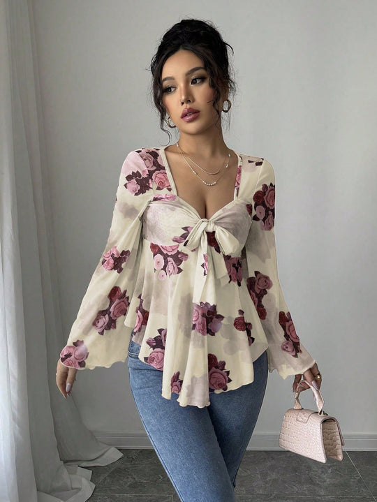 Damen Transparente Chiffon-Babydoll-Bluse mit Knotenfront und floralem Allover-Print Shop Nory