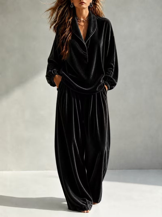 Damen Luxuriöses Velours-Loungewear-Set mit Schalkragen und weiter Palazzo-Hose Shop Nory