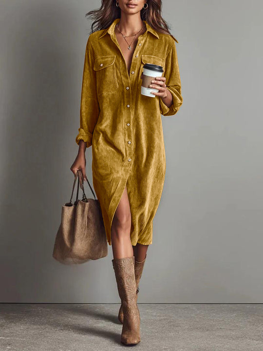 Damen Hemdblusenkleid aus Cord mit Brusttaschen, Knopfleiste und Schlitze Shop Nory
