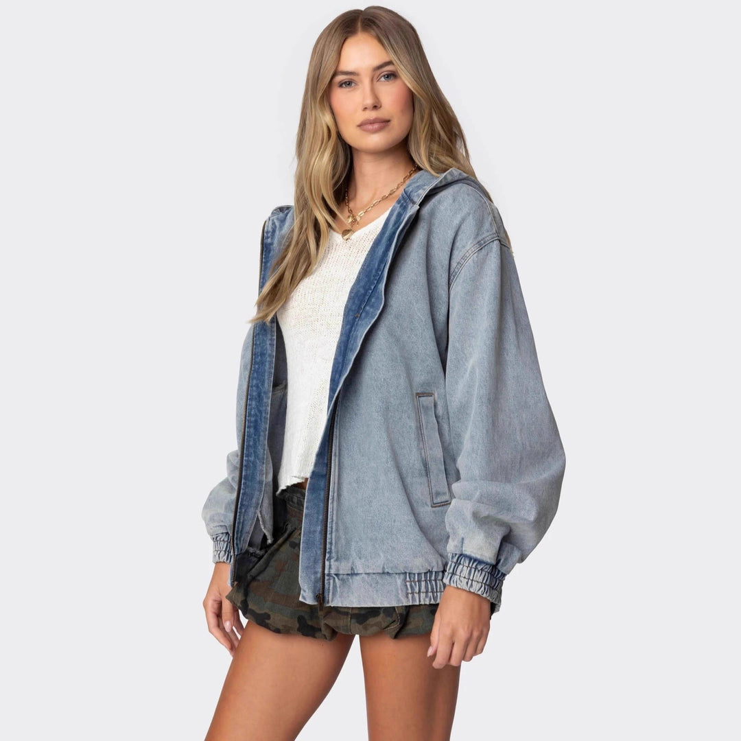 Damen Oversized Denimjacke mit Kapuze und elastischen Bündchen
