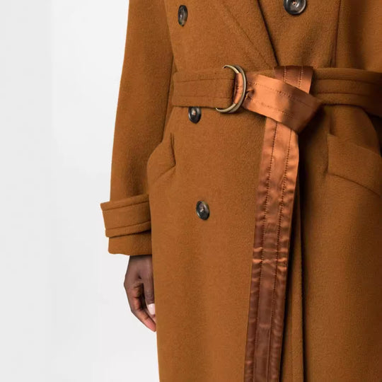 Damen Maxilanger Doppelreihiger Wollmix Mantel mit Satinband Taillengürtel und Krempelärmeln Shop Nory