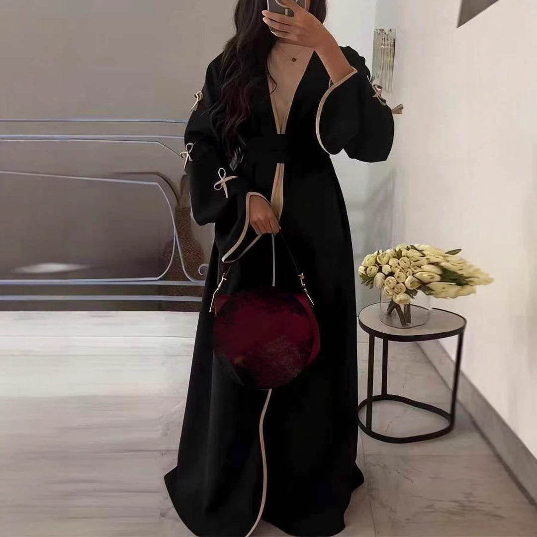 Damen nan elegante Abaya-Kaftan mit weitem Trompetenärmel, kontrastierender Passe und Wickelgürtel Shop Nory