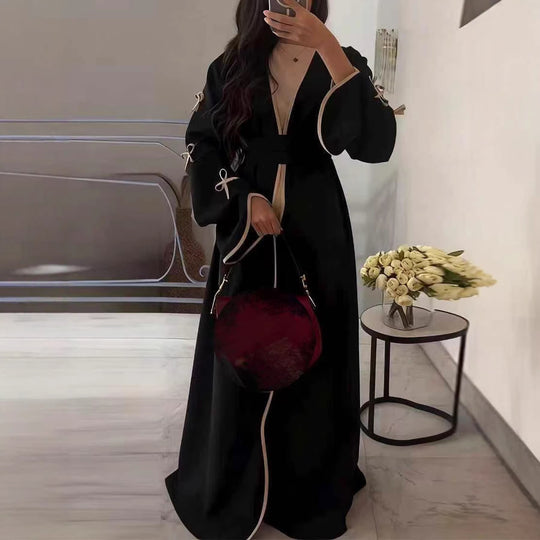 Damen nan elegante Abaya-Kaftan mit weitem Trompetenärmel, kontrastierender Passe und Wickelgürtel Shop Nory