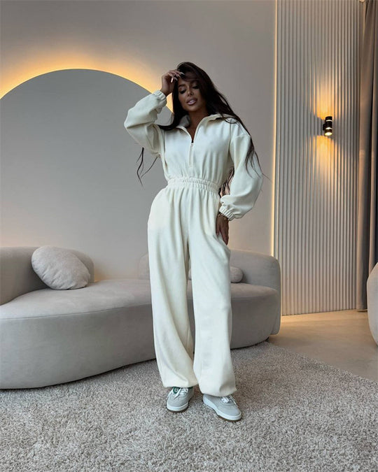 Damen Oversized Loungewear-Jumpsuit mit halbem Reißverschluss und elastischer Taillenraffung Shop Nory
