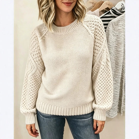Damen Grobgestrickter Rundhals-Pullover mit Ajour- und Zopfmusterärmeln Shop Nory