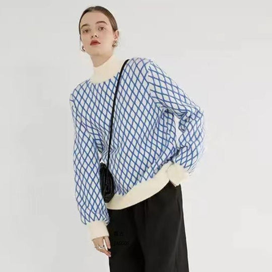 Damen Oversize Strickpullover mit Rautenmuster und Stehkragen Shop Nory