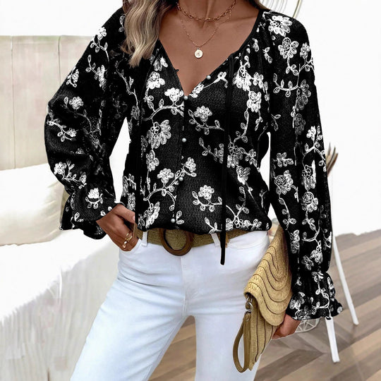 Damen V‑Neck Bluse mit floraler Stickerei, Perlenknopfleiste und Ballonärmeln Shop Nory