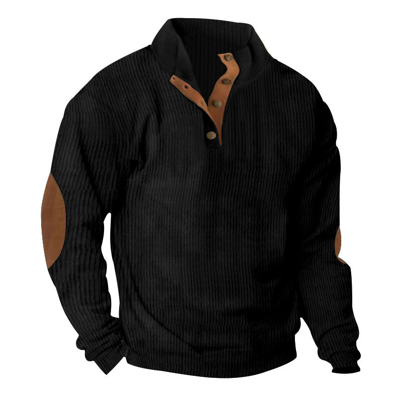 Herren Waffelstrick-Henley-Pullover mit Stehkragen und Ellbogen-Patches Shop Nory