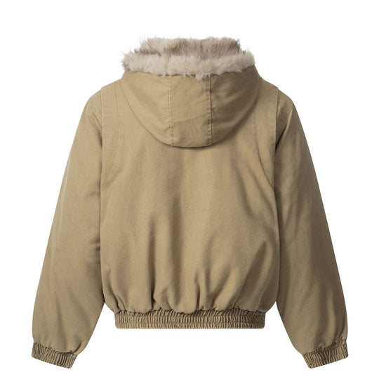 Herren Canvas-Bomberjacke mit abnehmbarer Kunstfellkapuze und elastischem Saum Shop Nory