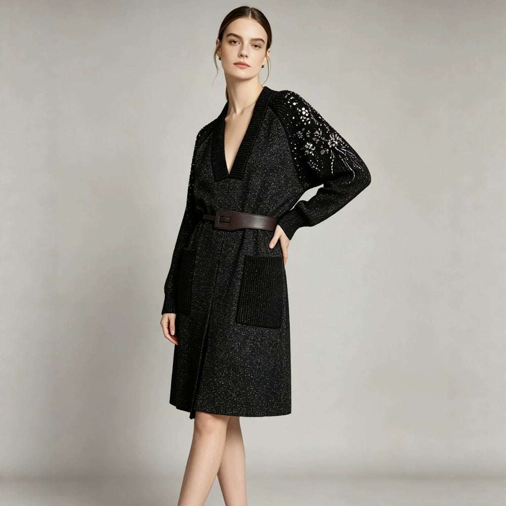 Damen Langer Strickmantel mit Taillengürtel und bestickten Ärmeln Shop Nory