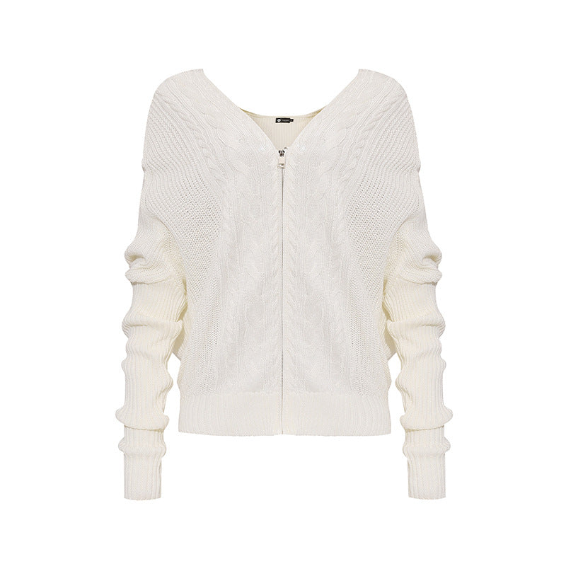 Damen figurnahe Zopfmuster-Strickjacke mit durchgehendem Reißverschluss und weitem V-Ausschnitt Shop Nory
