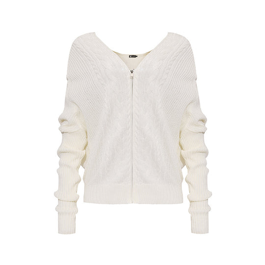 Damen figurnahe Zopfmuster-Strickjacke mit durchgehendem Reißverschluss und weitem V-Ausschnitt Shop Nory