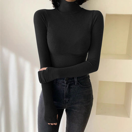 Damen Enganliegendes Rollkragen-Longsleeve aus Rippstrick mit Daumenloch Shop Nory