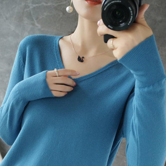 Damen leichter V-Ausschnitt Kaschmir-Look Feinstrickpullover Shop Nory