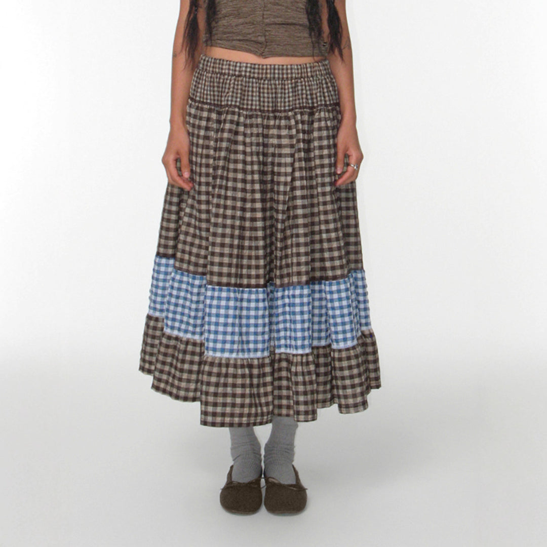 Damen nan mehrlagiger Baumwoll-Stufenrock mit elastischem Taillenbund, kontrastierendem Gingham-Band und Volant Shop Nory