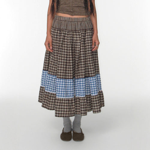 Damen nan mehrlagiger Baumwoll-Stufenrock mit elastischem Taillenbund, kontrastierendem Gingham-Band und Volant Shop Nory