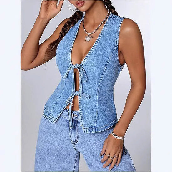 Damen Enganliegende Jeansweste mit V-Ausschnitt und Bindeschnürung Shop Nory